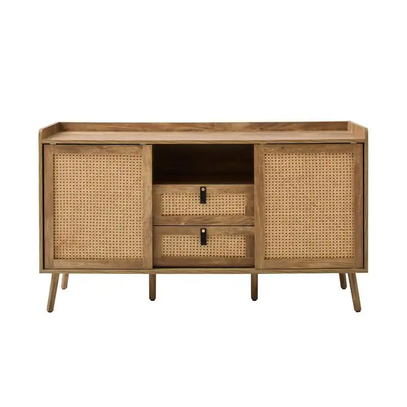 Ambachtelijk Dressoir met 2 deuren en 2 lades met rotan fronten L140 cm - PALMO