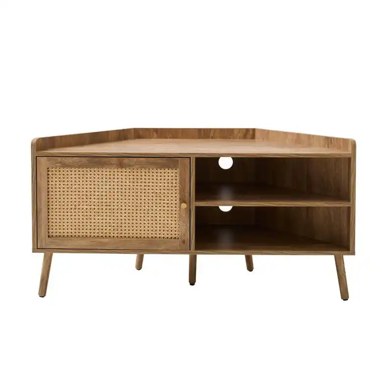Budget Hoek TV-meubel met 1 deur en rotan front en 2 open nissen L120 cm - PALMO