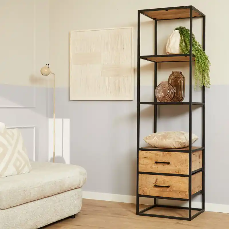 Boekenkast Denver | Mangohout en staal | 2 lades - 55 x x 45 - Mangohout; Staal Nieuwe Collectie