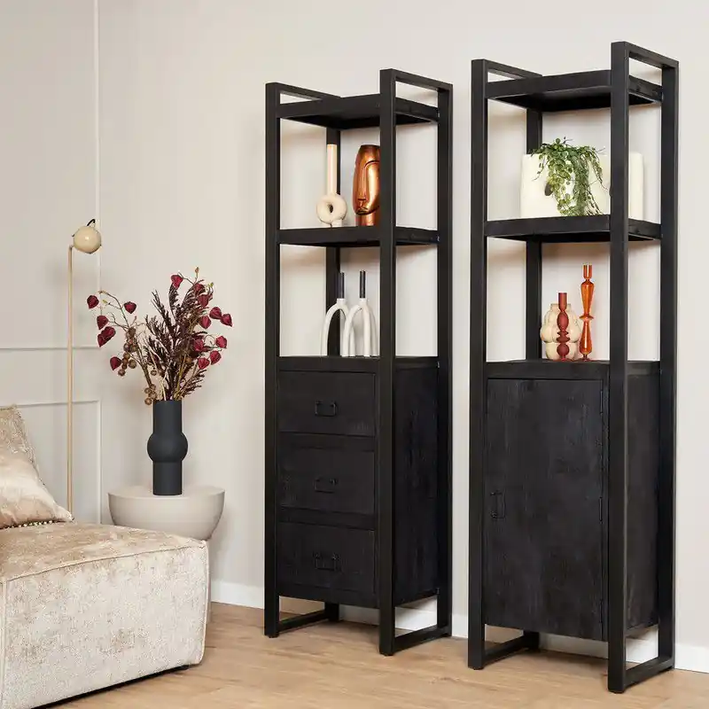 Boekenkast Boaz Black | 1 deur - Zwart - 150 x 55 x 60 x 45 - Mangohout Seizoensaanbieding