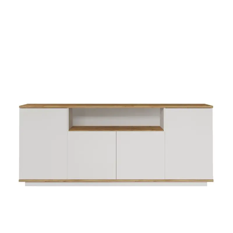 Ambachtelijk Buffetkast met 4 deuren, 1 open nis, decor van grenenhout en wit, L 180 cm