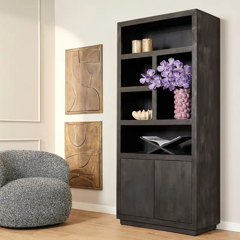 Boekenkast Brussel Black | 5 vakken - 2 deuren - Zwart - 91 x 51 x 206 - Hout Luxe