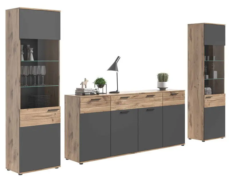 Mason woonkamercombinatie Basaltgrijs NB Nox Eiken NB Nox Eiken MDF TZ Authentiek
