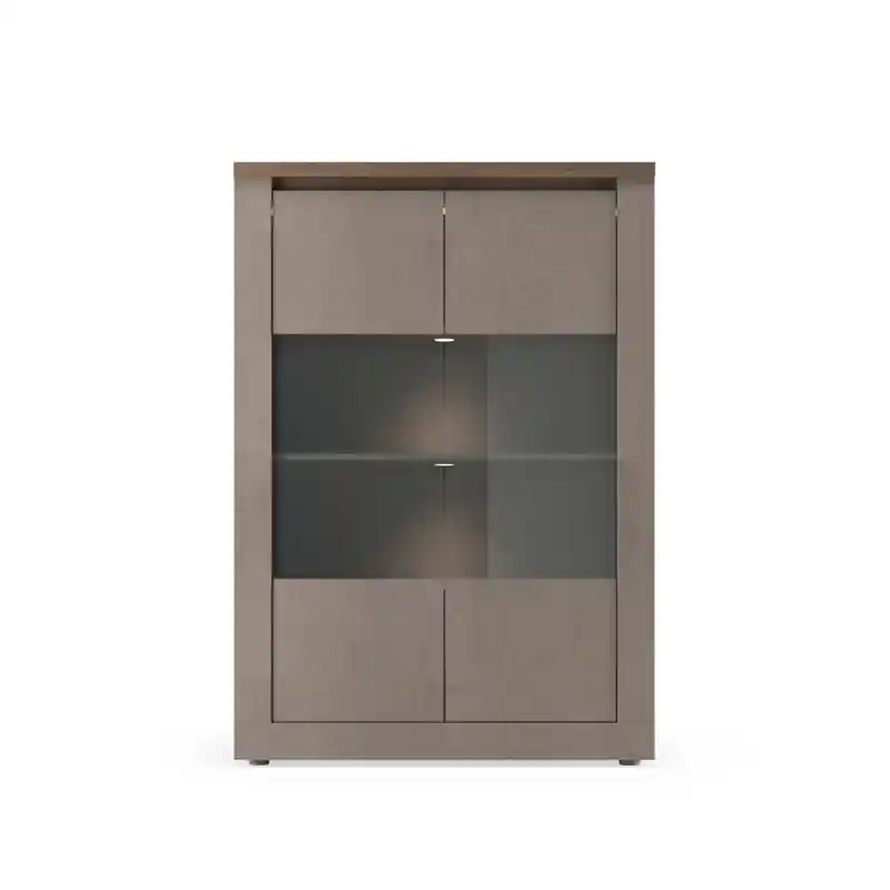 Vitrinekast met 2 deuren en 3 planken in brons en kwikeffect hout, H160 cm - ISCHIA Lage Prijs