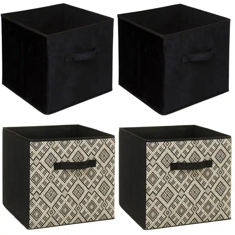 Beperkte Voorraad Set van 4x stuks opbergmanden/kastmanden 29 liter zwart/creme polyester 31 x 31 x 31 cm - Opbergmanden