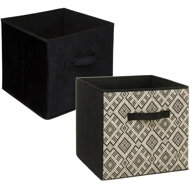Set van 2x stuks opbergmanden/kastmanden 29 liter zwart/creme polyester 31 x 31 x 31 cm - Opbergmanden Snelle Levering