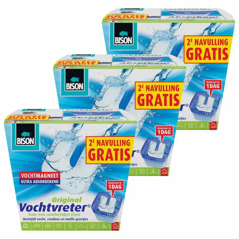3x stuks Bison vochtvreter / vochtvanger vochtmagneet 450 gram met extra navulling - Vochtopnemers Plaats Bestelling