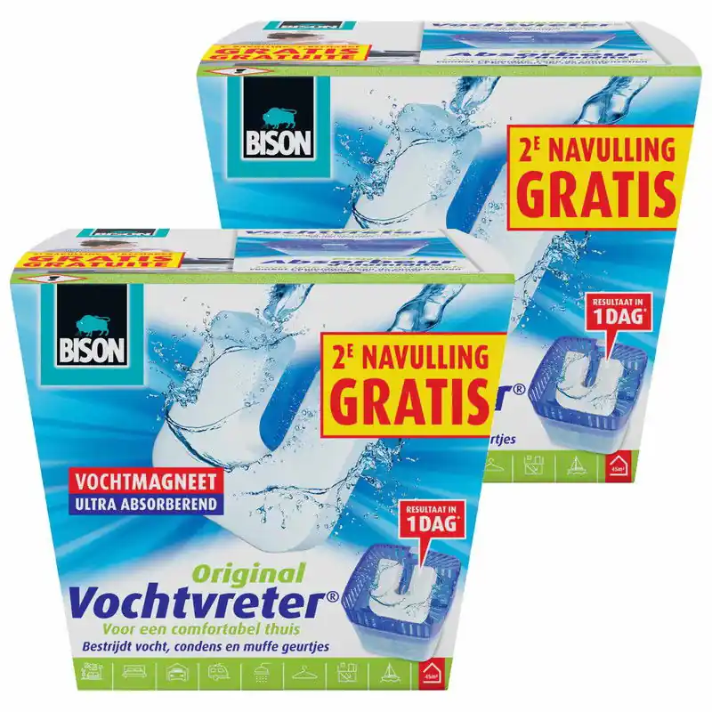 2x stuks Bison vochtvreter / vochtvanger vochtmagneet 450 gram met extra navulling - Vochtopnemers Uitverkoop