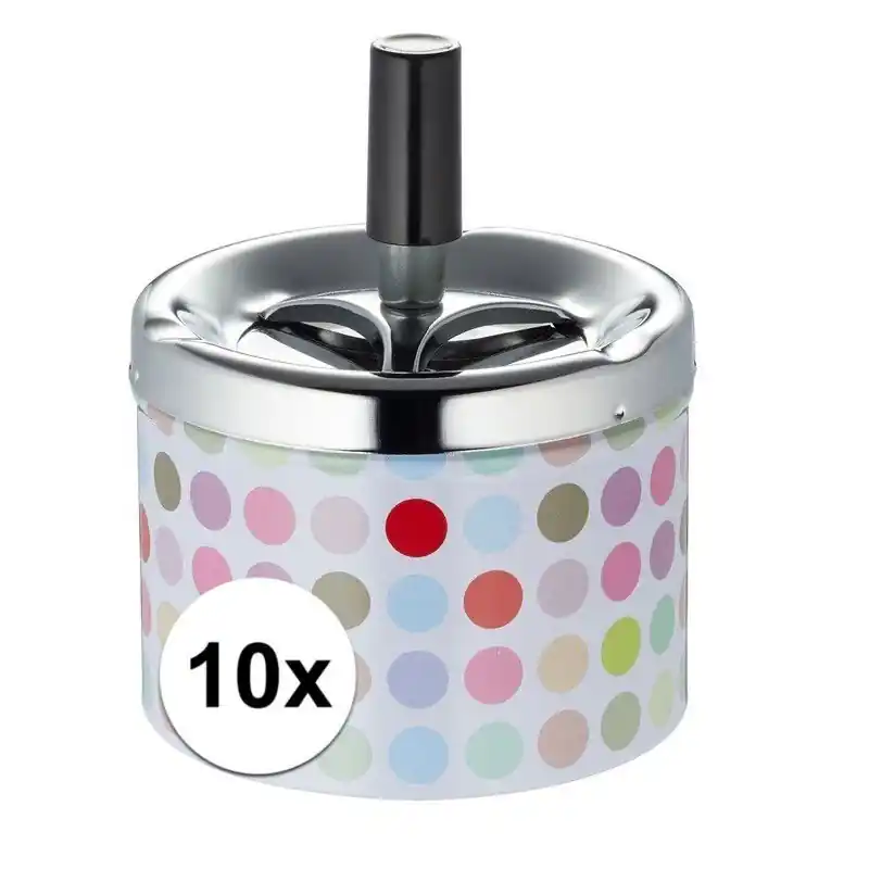 Cepewa Draaiasbak - 10x - stippen - met zilveren deksel - D9 x H12 cm - Asbakken Beperkte Voorraad