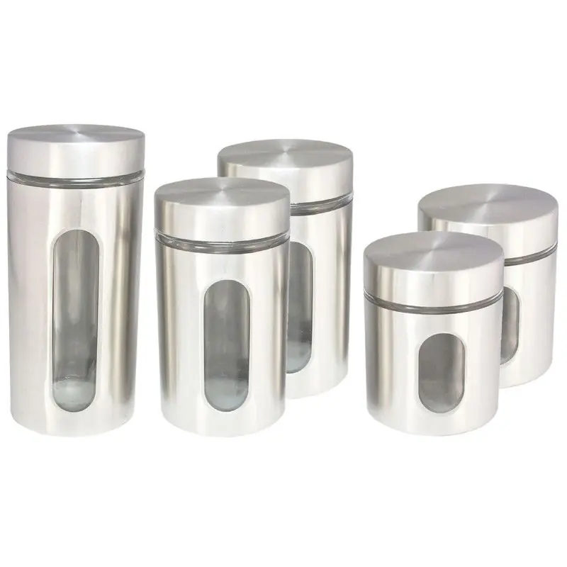 Set van 5x keuken voedsel opslag voorraadpotten glas/rvs in 3 formaten - Voorraadpot Rechtstreeks Van De Fabrikant