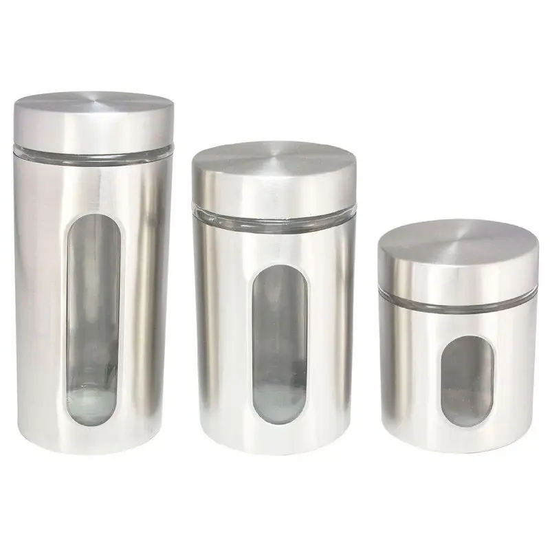 Lage Kosten Set van 3x keuken voedsel opslag voorraadpotten glas/rvs in 3 formaten - Voorraadpot