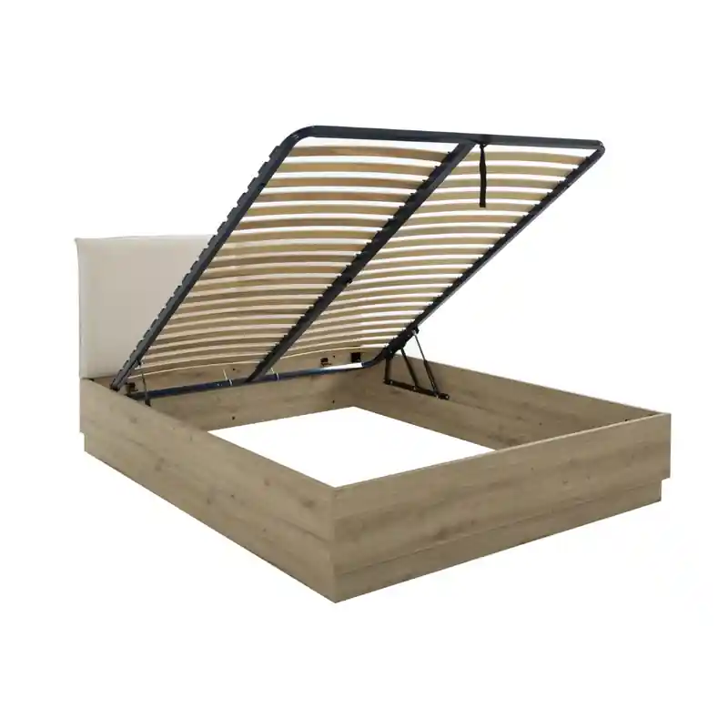 Opbergbed met hoofdbord in beige stof 140 x 190 cm eikendecor - TIDY Snelle Levering