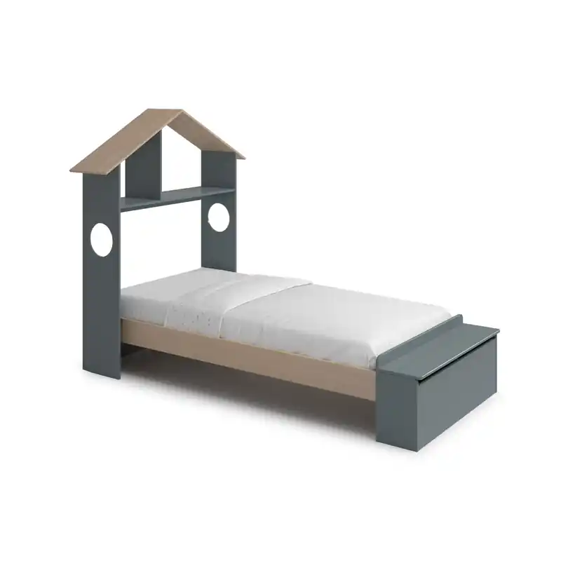 Dagaanbieding Lit 90x190 cm met een hoofdbord in de vorm van een huis en planken - AMAYA
