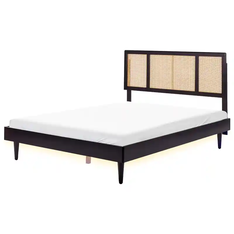 AURAY - Tweepersoonsbed LED - Zwart - 160 x 200 cm - Rubberhout Dagaanbieding