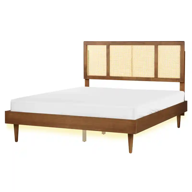 AURAY - Tweepersoonsbed LED - Lichthout - 160 x 200 cm - Rubberhout Gratis Retour