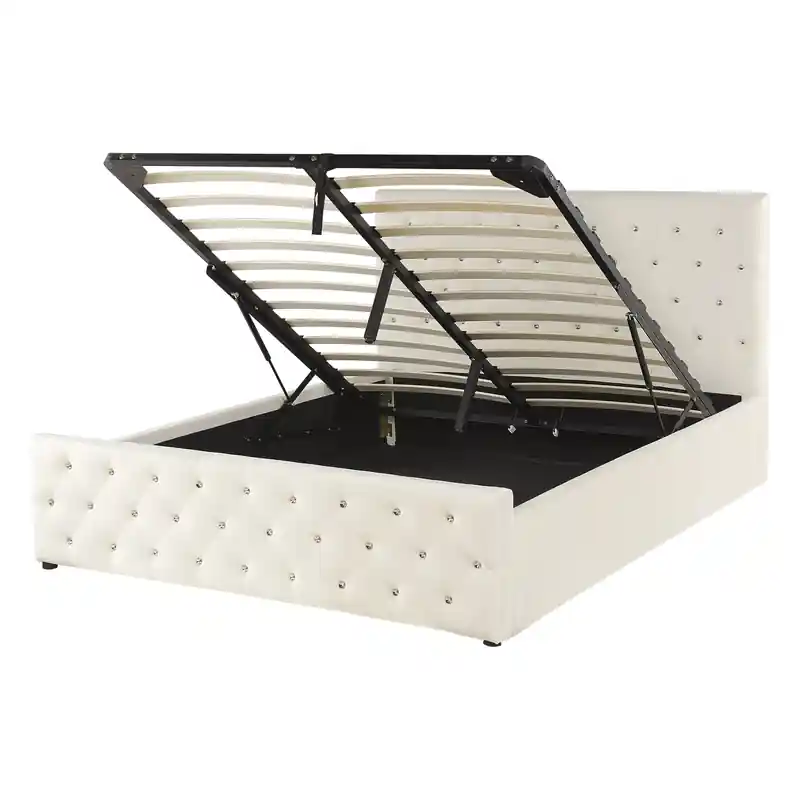 Ambachtelijk AMIENS - Bed met opbergruimte - Lichtbeige - 140 x 200 cm - Fluweel