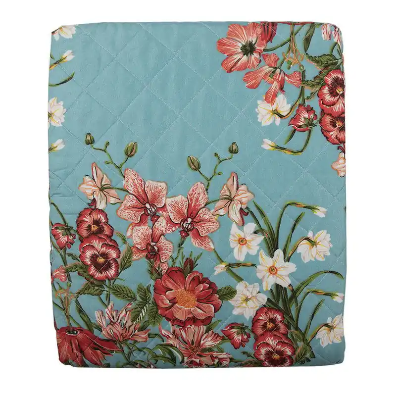 Laatste Kans Clayre & Eef Bedsprei 140x220 cm Blauw Roze Katoen Bloemen