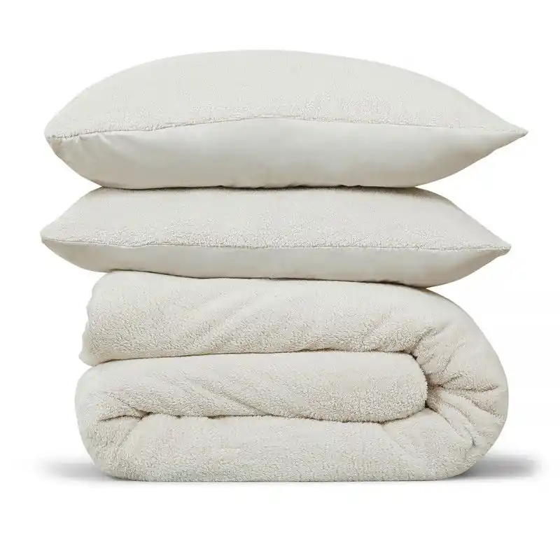 DoubleDry Dekbedovertrek Teddy Fleece - Eenpersoons 140x220 cm + 1 Kussensloop - Zacht & Huidvriendelijk - Ecru Gratis Retour