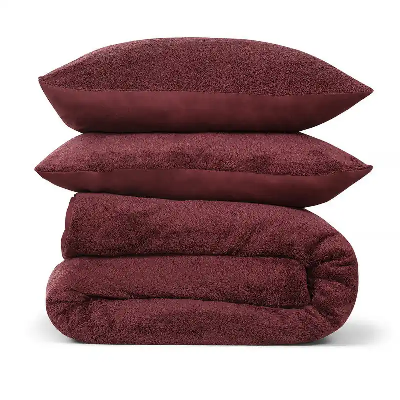 DoubleDry Dekbedovertrek Teddy Fleece - Tweepersoons 200x220 cm + 2 Kussenslopen - Zacht & Huidvriendelijk - Bordeaux Bulkbestelling