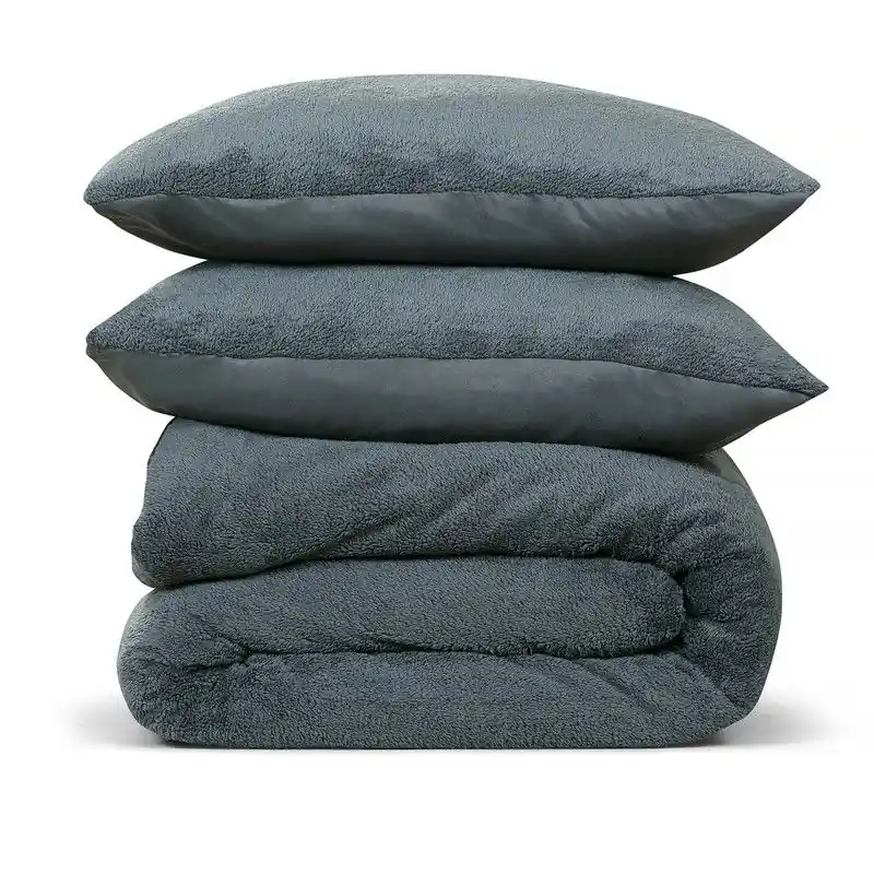 DoubleDry Dekbedovertrek Teddy Fleece - Eenpersoons 140x220 cm + 1 Kussensloop - Zacht & Huidvriendelijk - Antraciet Handgemaakt